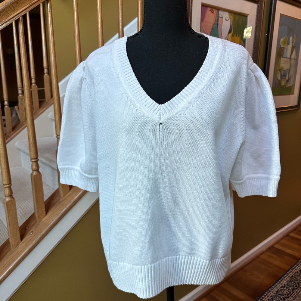 LOFT White V-neck Puff-sleeve Sweater